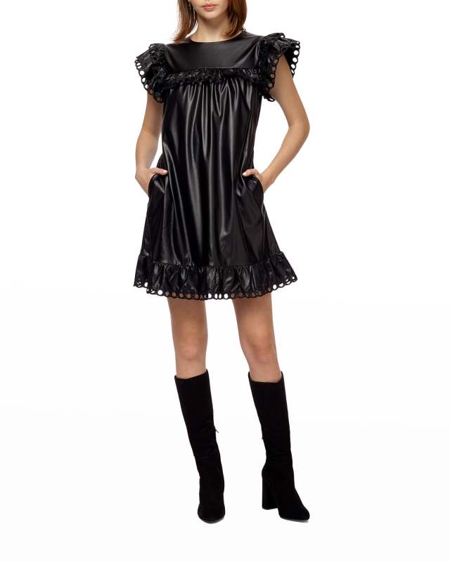 Faux Leather Eyelet-Trimmed Mini Dress